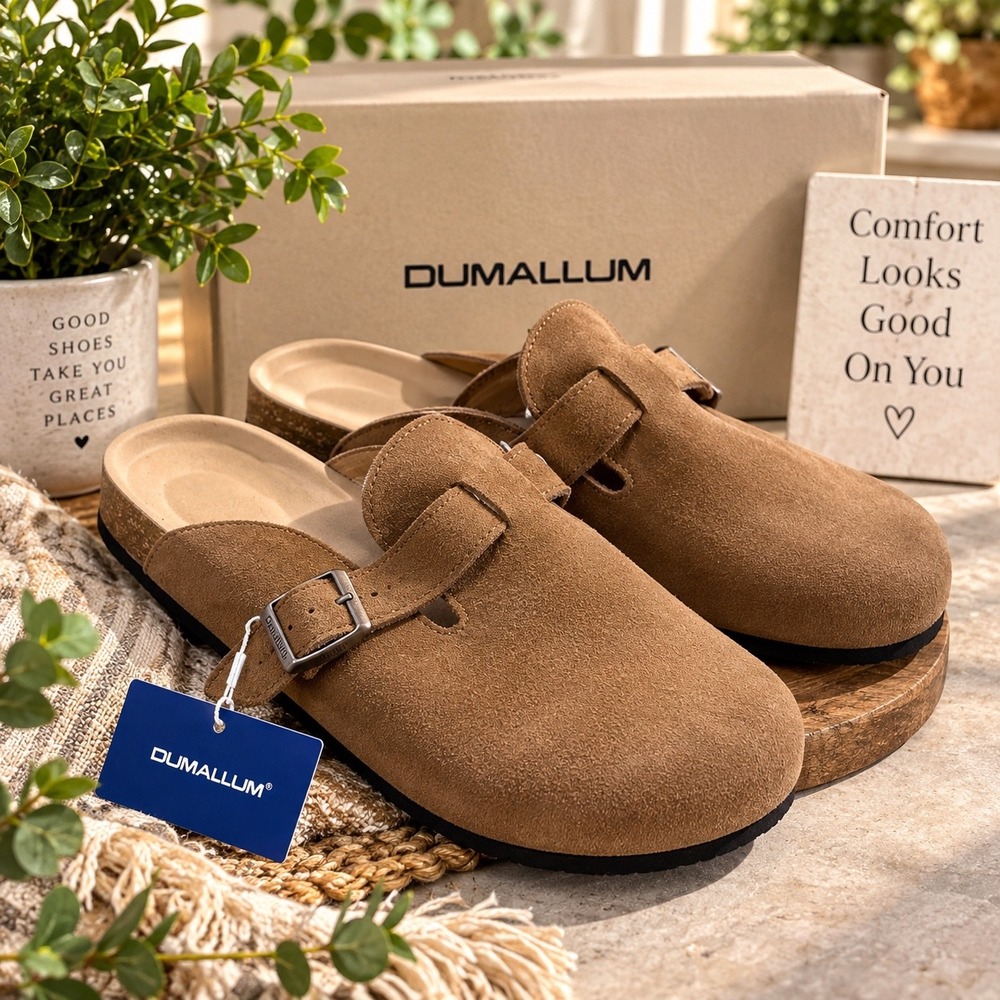 DUMALLUM Men Suede Clogs Tan Brown Buckle Strap Mules Size 10.5 NEW casual